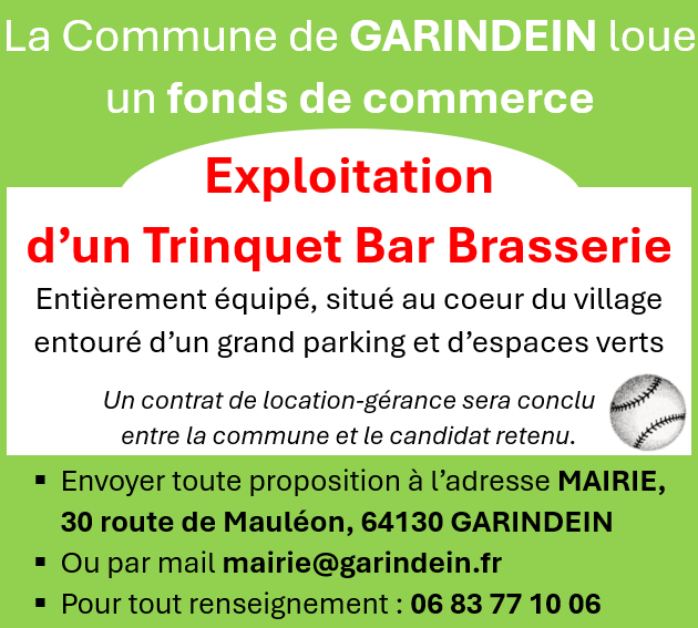 Location gérance Bar Restaurant Trinquet à Garindein